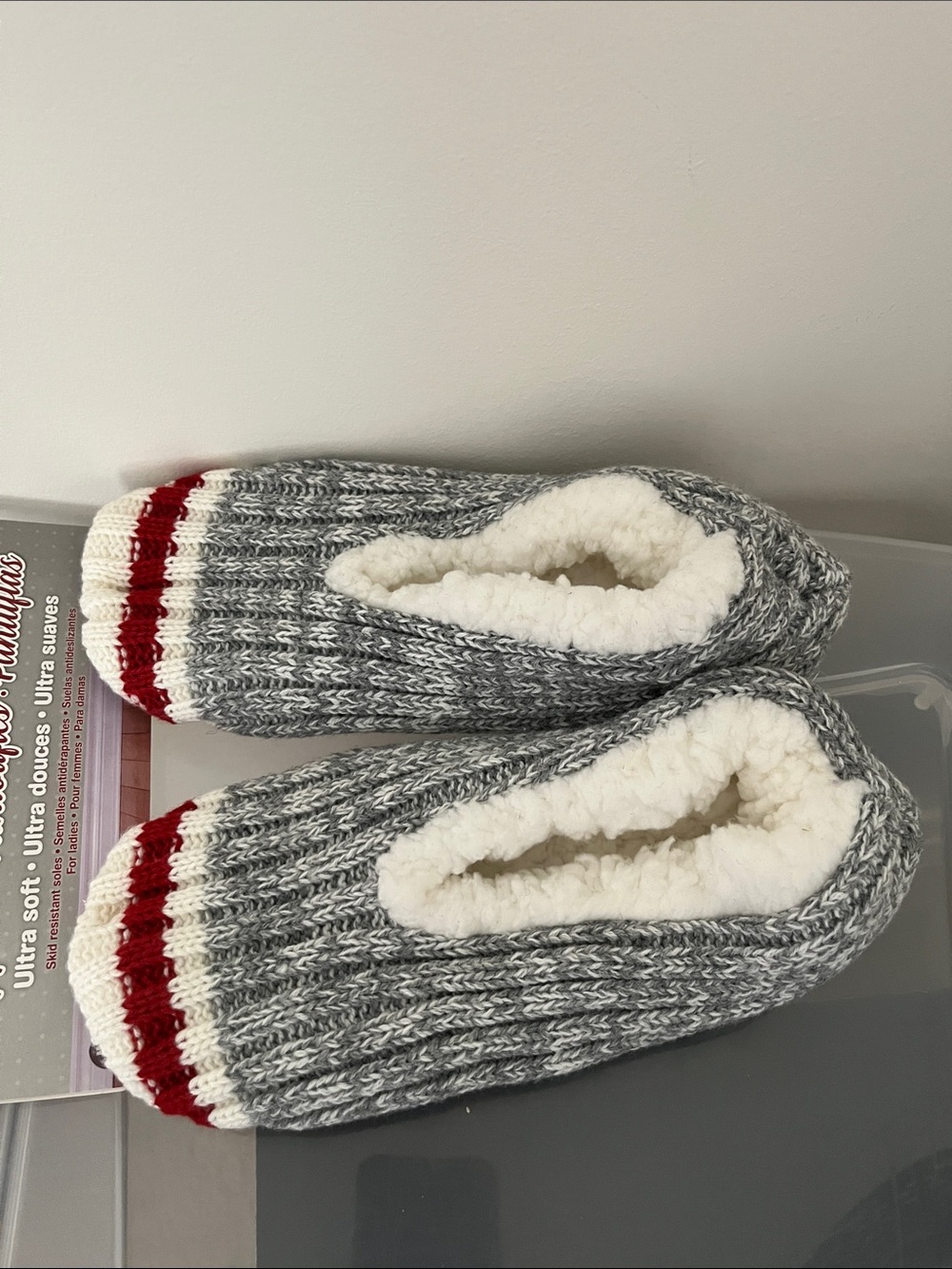 Cozy Gray Knit Slipper Socks with Red Accent